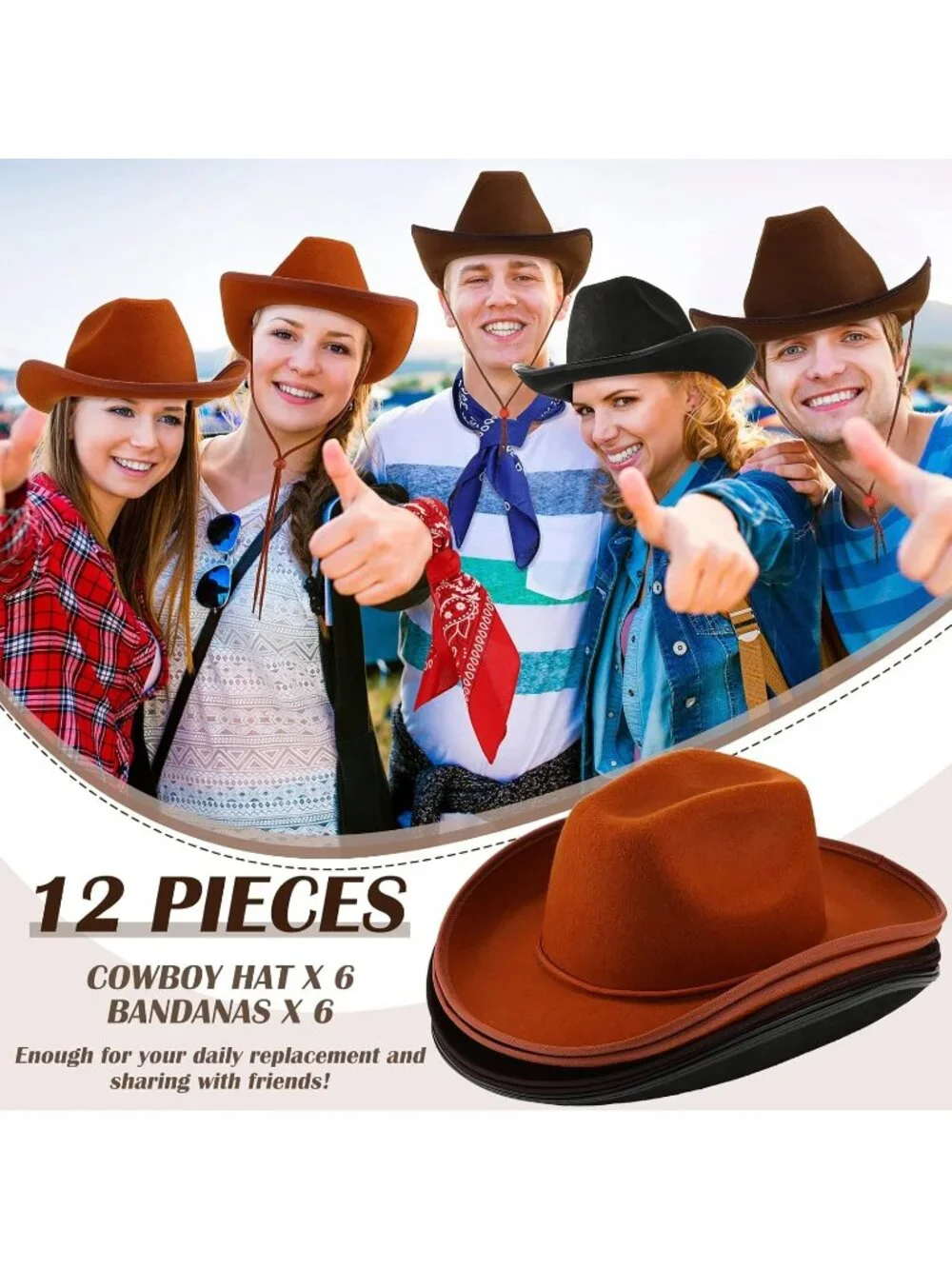 Men's Brown Bandanas Bulk Adjustable Felt Western Cowboy Cowgirl Hat 12 Pcs